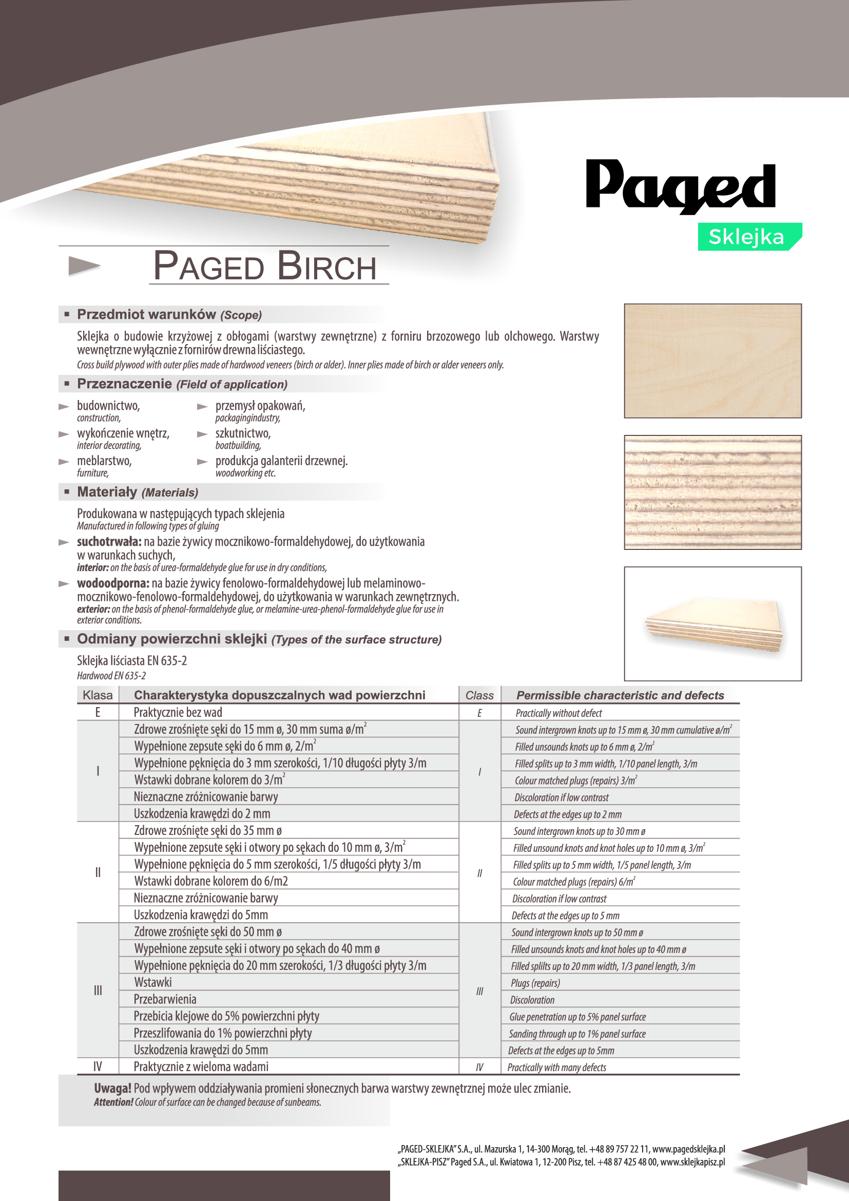 Specyfikacja techniczna Sklejka Brzoza 0